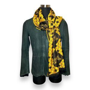 VERSACE Collection Diamond Pattern Black Gold Wool Knit Scarf 72" x 16.5" Fringe